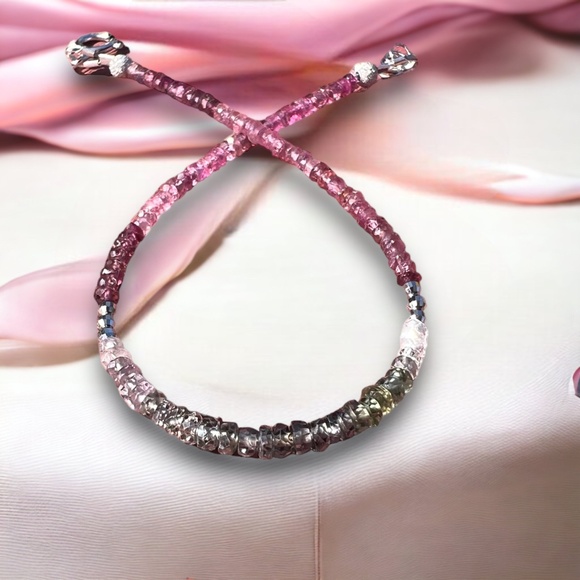 Handmade Solid 14K White Gold Natural Green Sapphire, Pink Tourmaline Bracelet - Picture 6 of 7